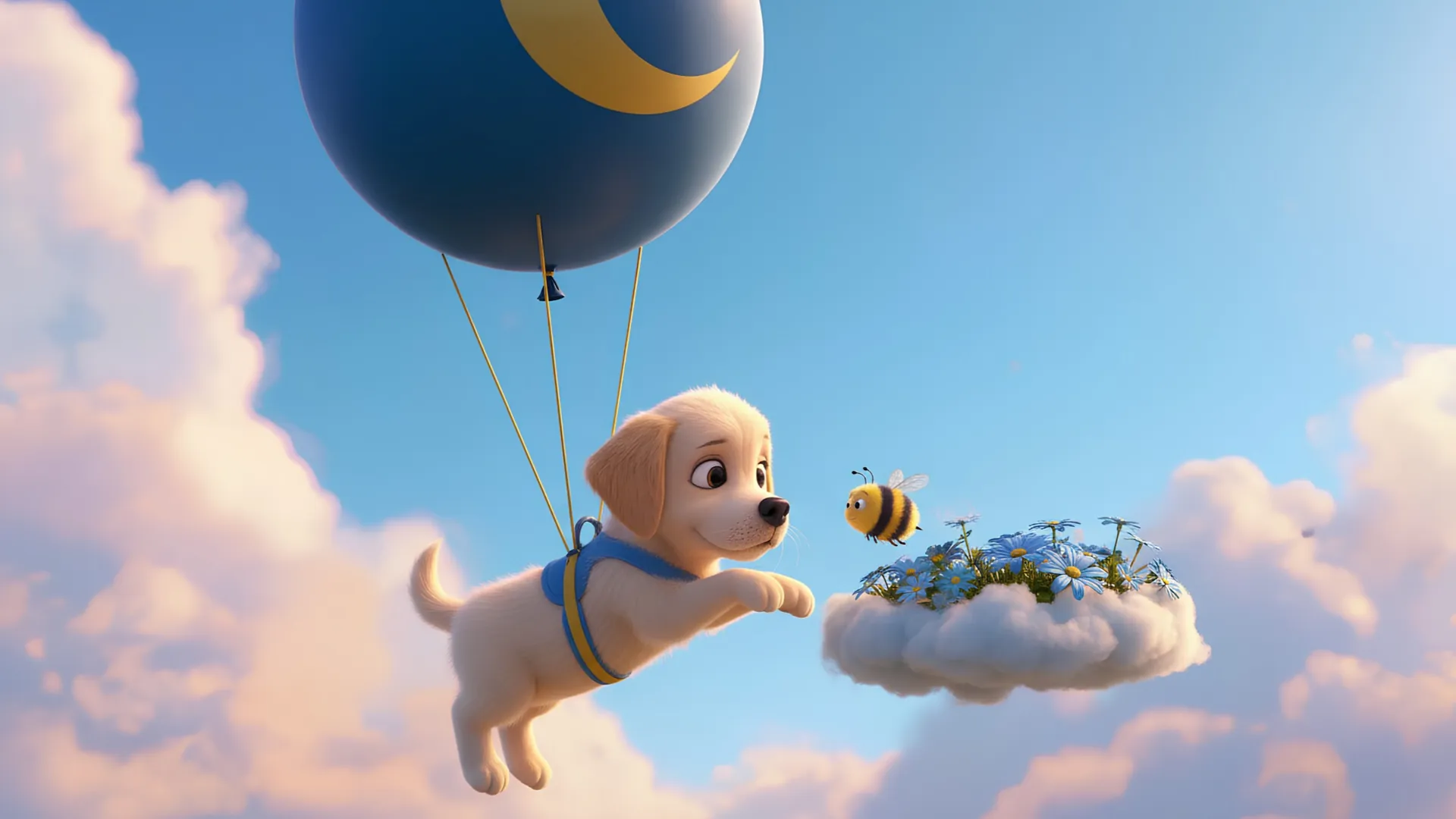 A frame from a Siesta production: a puppy flying under a balloon